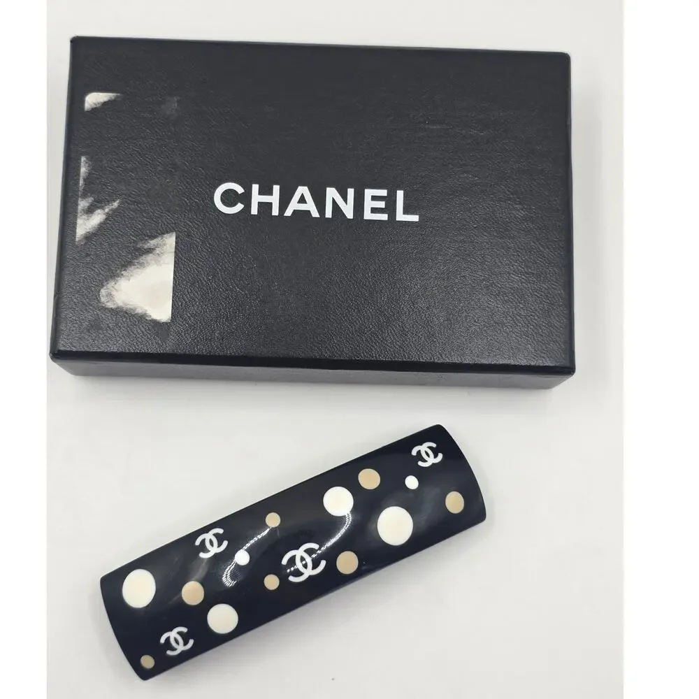 Chanel Black white Polka Dot Interlocking CC Hair Clip - Picture 2 of 14